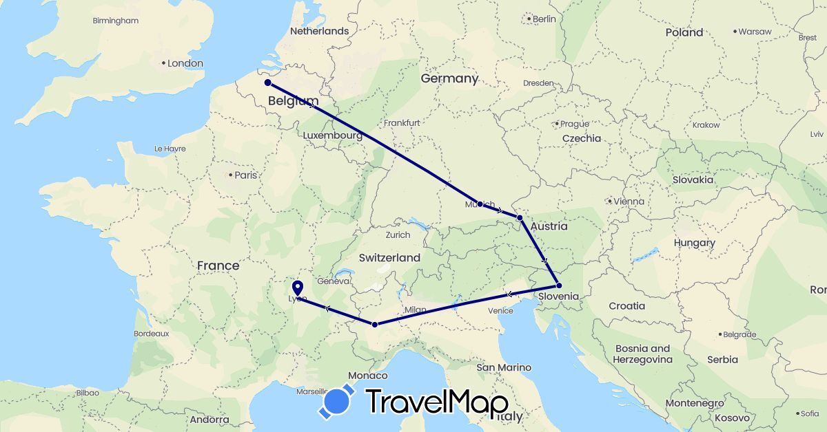 TravelMap itinerary: driving in Austria, Belgium, Germany, France, Italy, Slovenia (Europe)